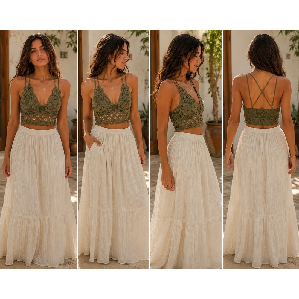 Anemone Lace Bralette Womens Medium Olive Green Boho Smocked Back Lined Strappy